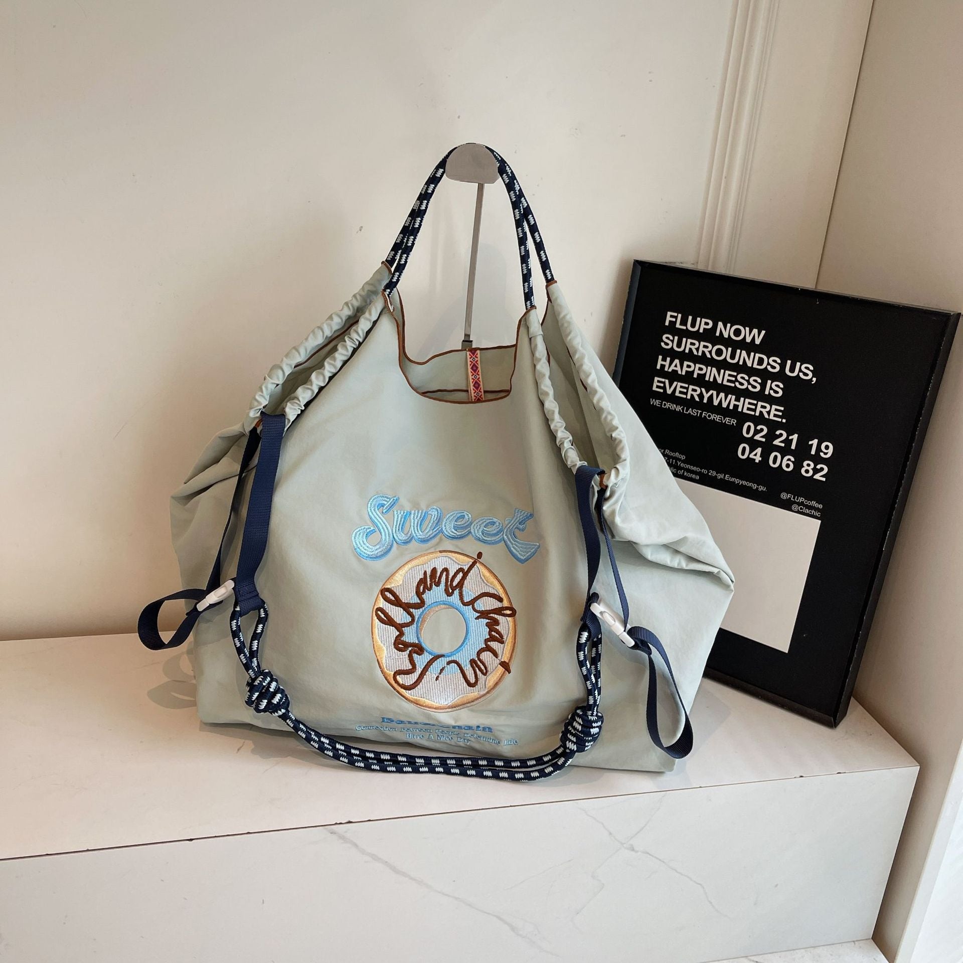 Embroidered Donut Ball Chain Nylon Bag Lightweight Eco-Friendly Shopping Bag