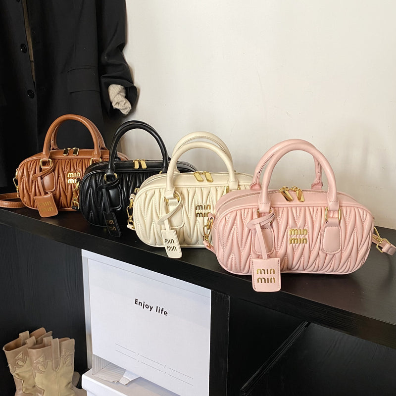 Pleated Bowling Bag Women's Crossbody Shoulder Handbag