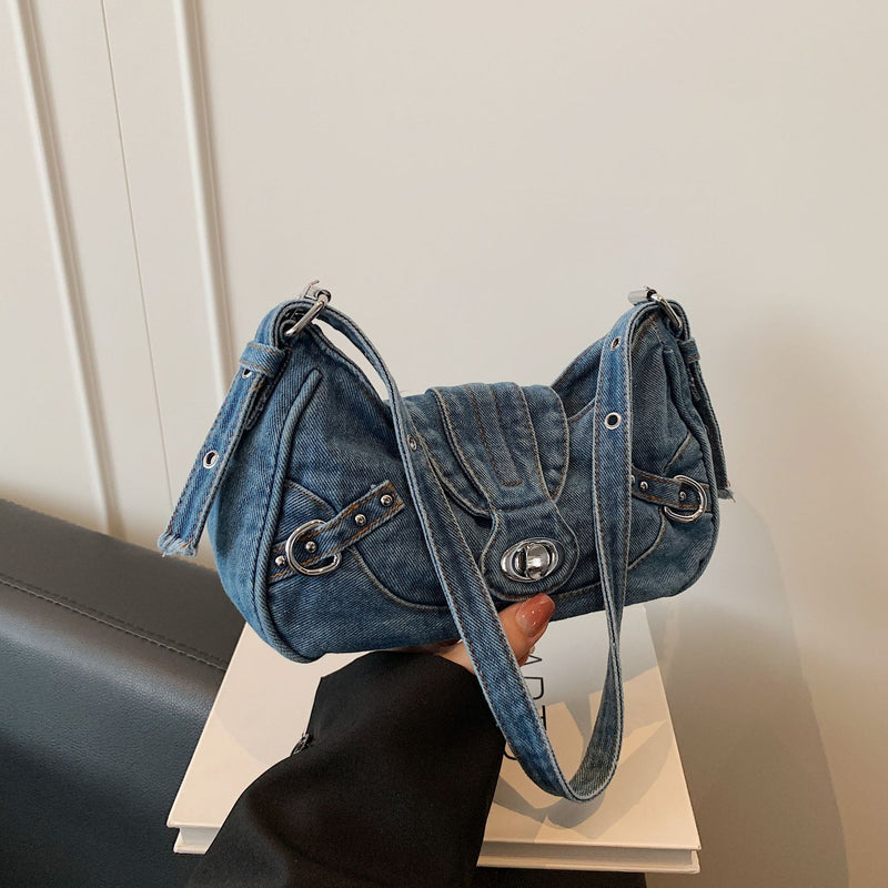 Retro Denim Shoulder Bag Women Lock Personality Splicing Handbag