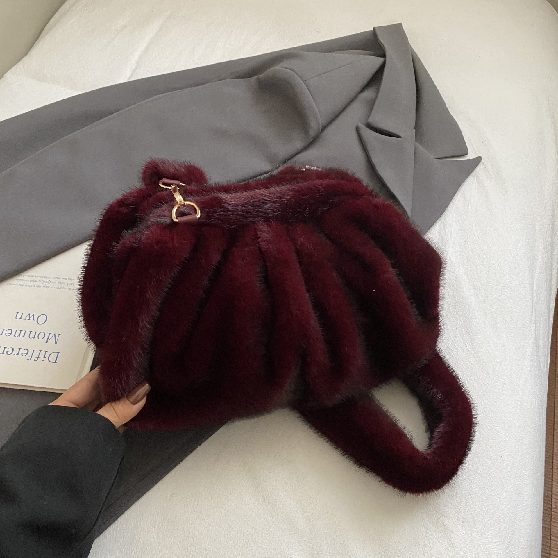 Fluffy Small Messenger Bag Cute Drawstring One Shoulder Fashionable Folds