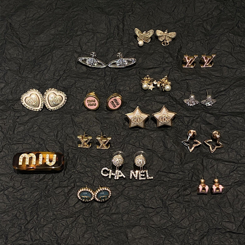 Star Double C Diamond Stud Earrings - Celebrity Style Antique Design