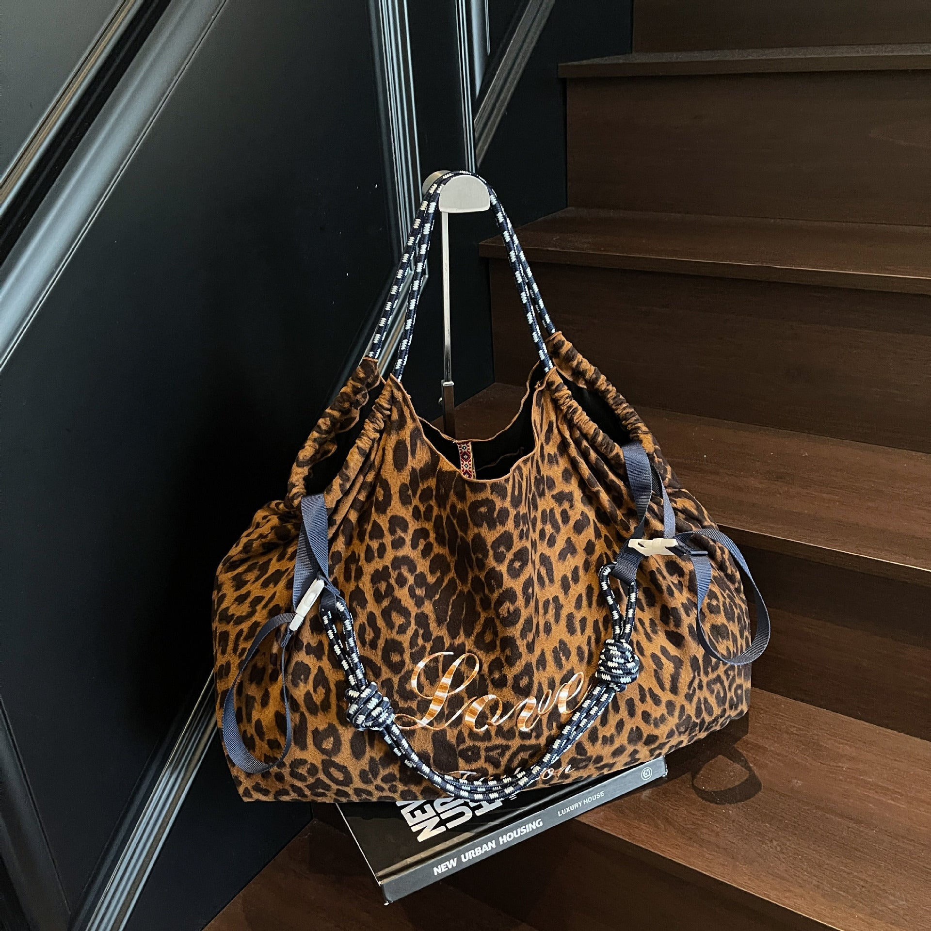 Retro Leopard Print Shoulder Bag Ball Chain Tote Women's Fashion Handbag