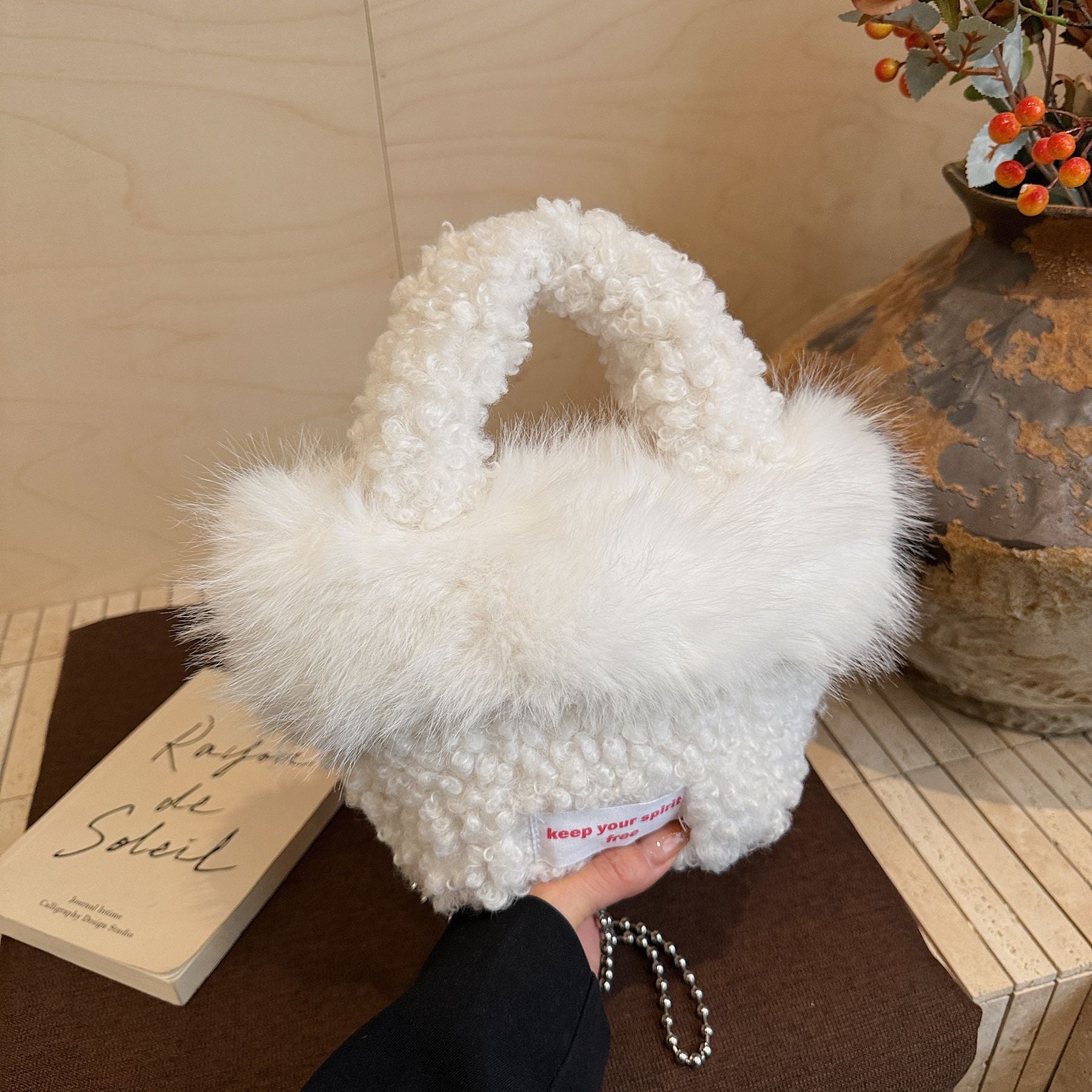 Trendy Plush Splicing Bucket Bag Messenger Shoulder Bag