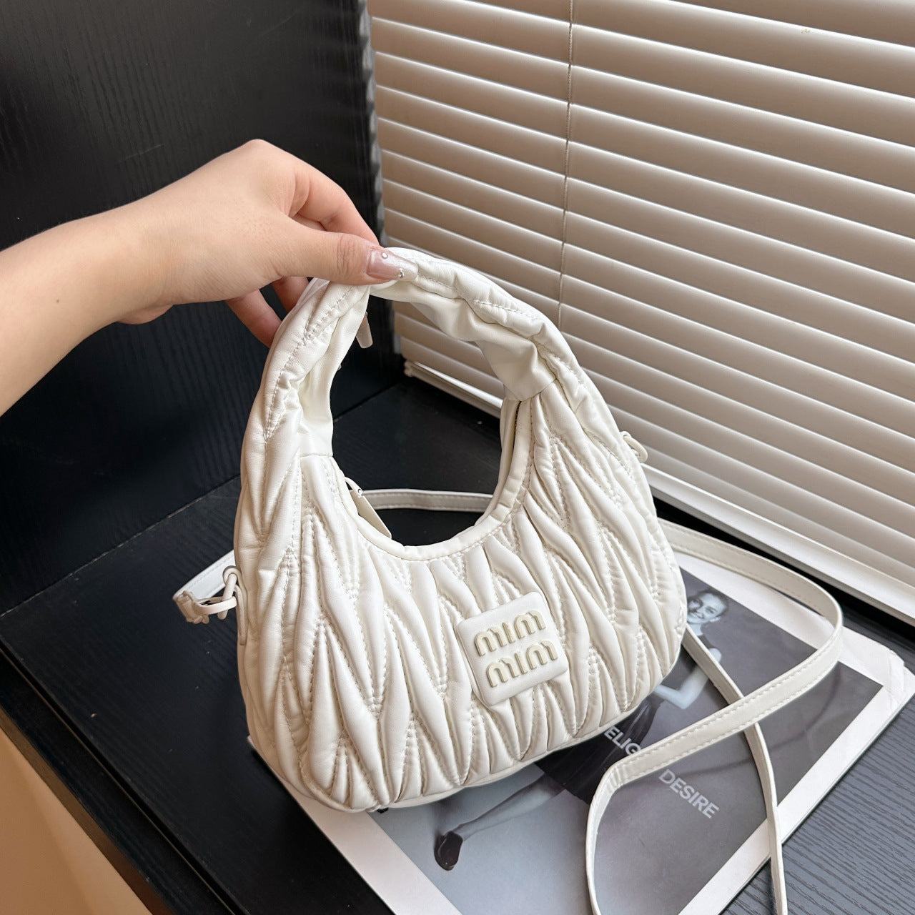 Pleated Crescent Dumpling Embroidered Bowling Shoulder Bag