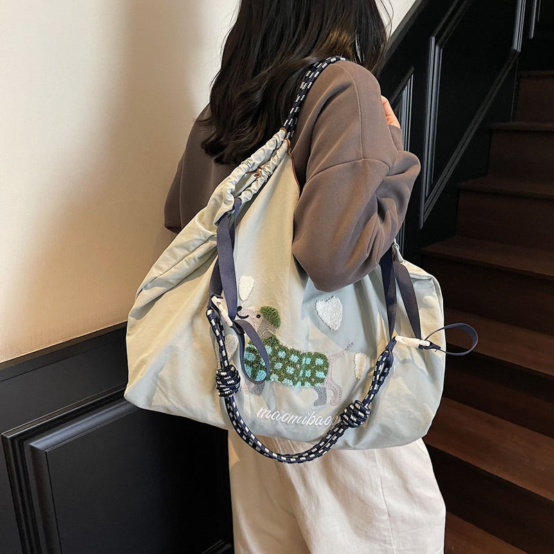 Nylon Dog Embroidery Handbag Folding Shoulder Cartoon Large Capacity Messenger Bag