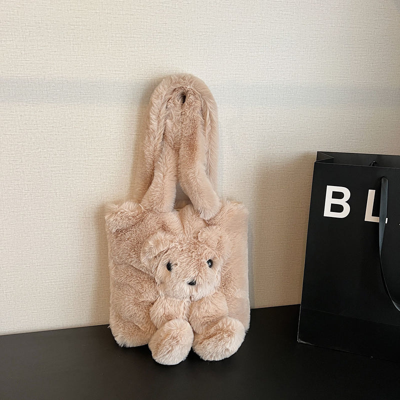 Cute Bear Plush Shoulder Bag for Women Autumn Winter Commuter Tote