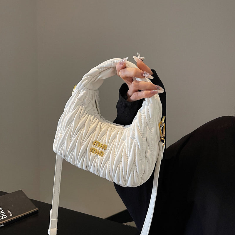 Miu Pleated Cloud Embroidery Crescent Shoulder Bag