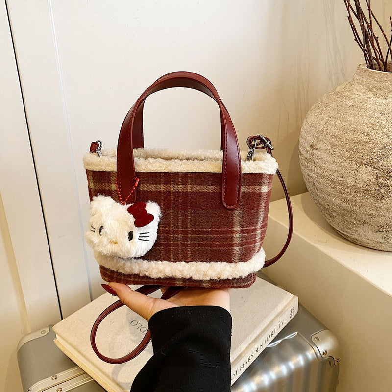 Cute Plaid Portable Bucket Bag Messenger Bag