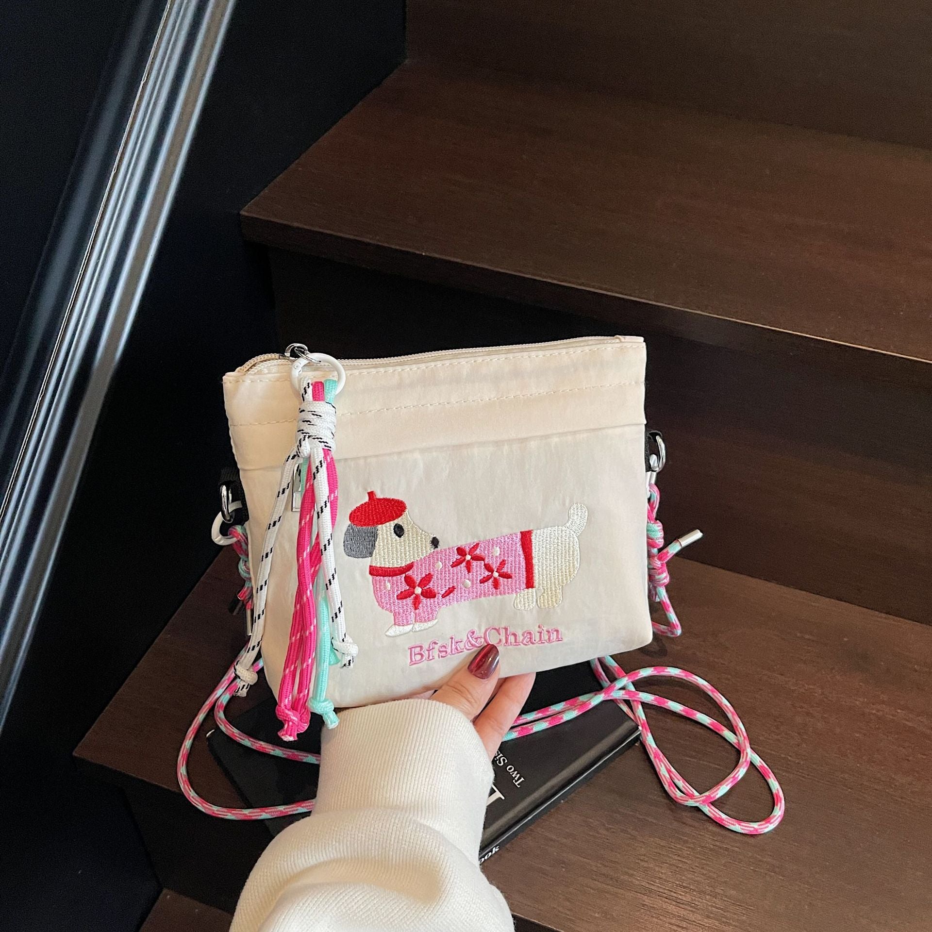 Cartoon Dachshund Embroidered Dog Bag Eco-Friendly Commuter Messenger Bag