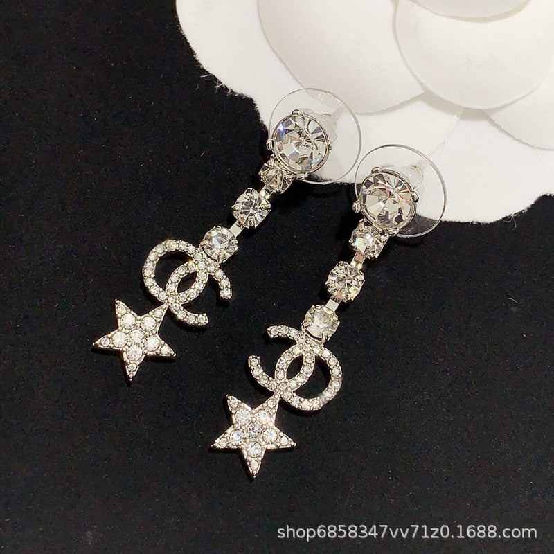 Star Double C Diamond Stud Earrings - Celebrity Style Antique Design