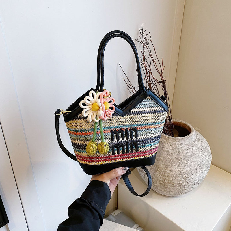 Rainbow Stripe Miu Woven Tote Large Capacity Luxury Bag
