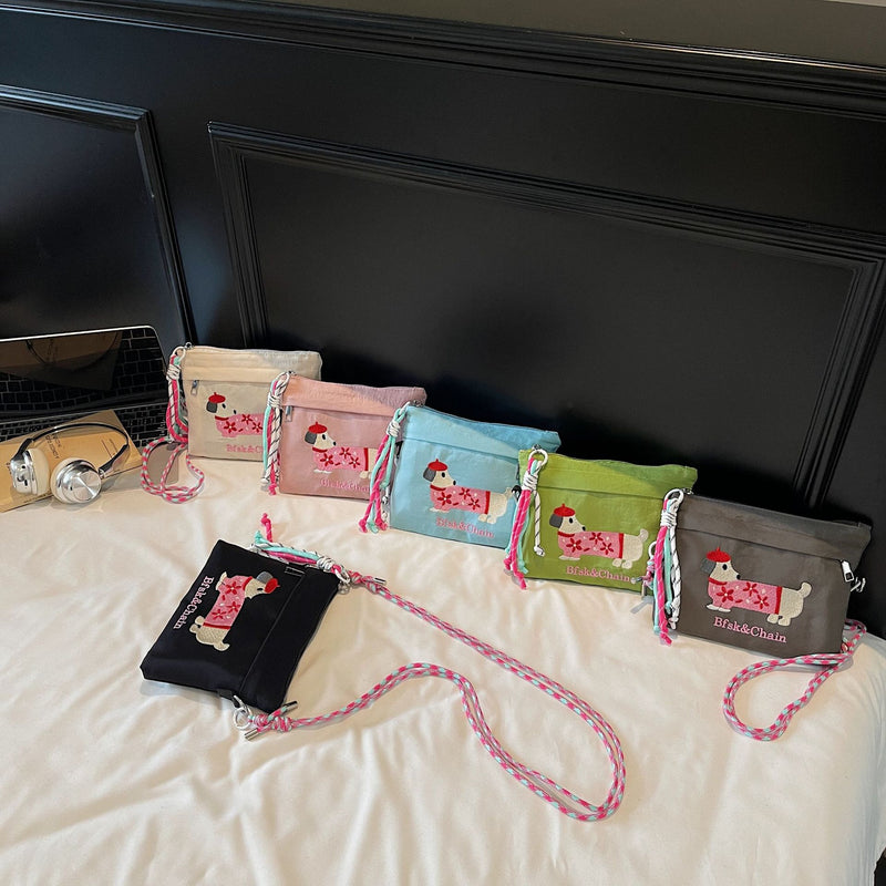 Cartoon Dachshund Embroidered Dog Bag Eco-Friendly Commuter Messenger Bag