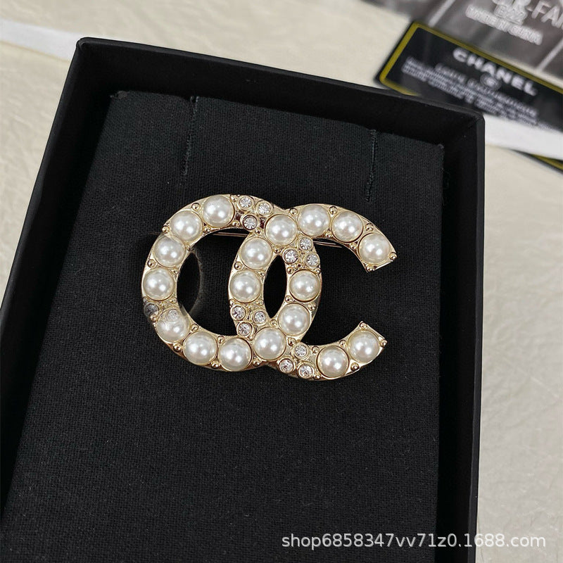 Double C Diamond Brooch Pearl Pin Luxury Women's Jewelry Gift