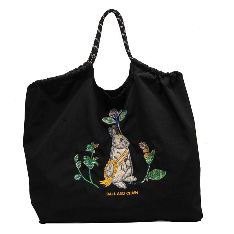 Rabbit Embroidery Shoulder Bag with Drawstring Chain