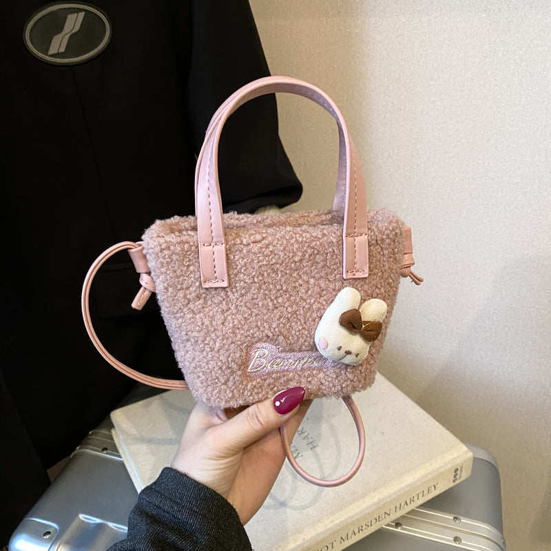 Cute Cartoon Plush Shoulder Bag Fashionable Splicing Handbag