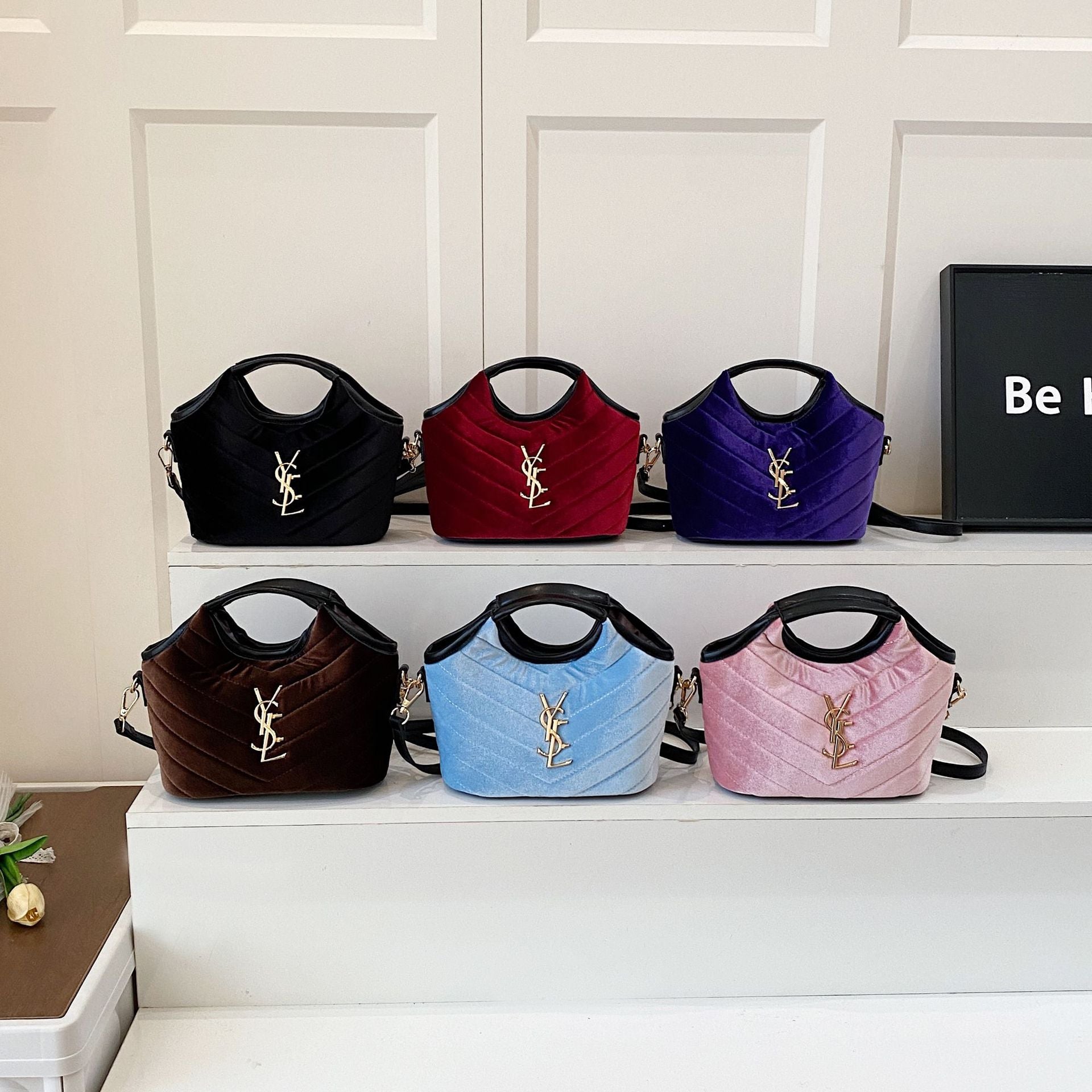 Suede Bucket Bag Rhombus Embroidery Chain Shoulder Bag