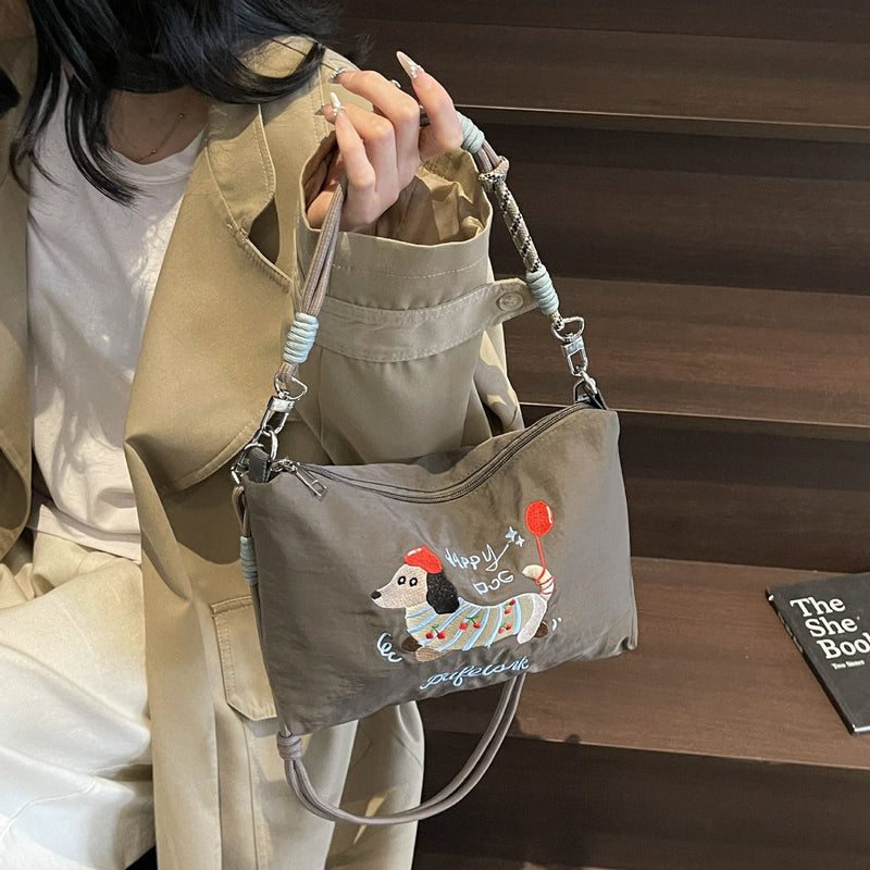 Cute Dachshund Embroidery Shoulder Bag with Ball Chain
