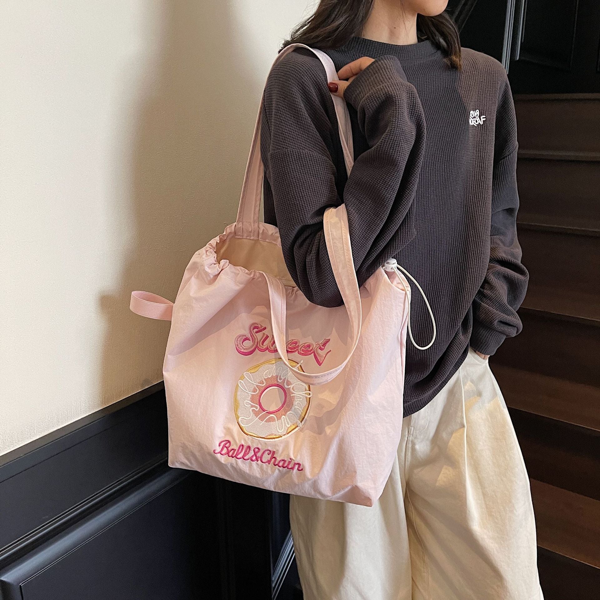 Donut Embroidery Tote Bag with Ball Chain for Women
