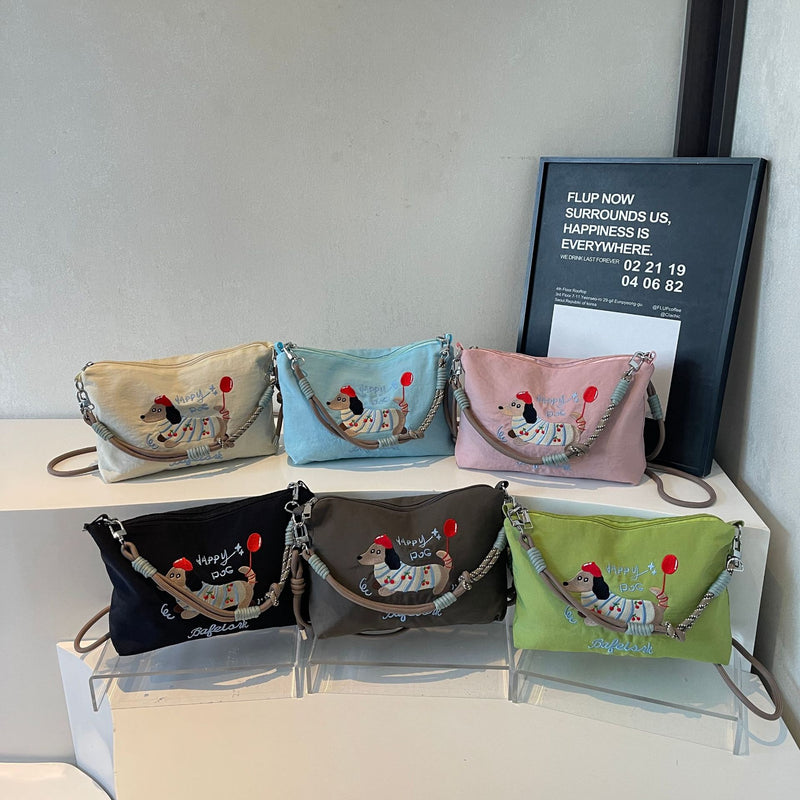 Cute Dachshund Embroidery Shoulder Bag with Ball Chain