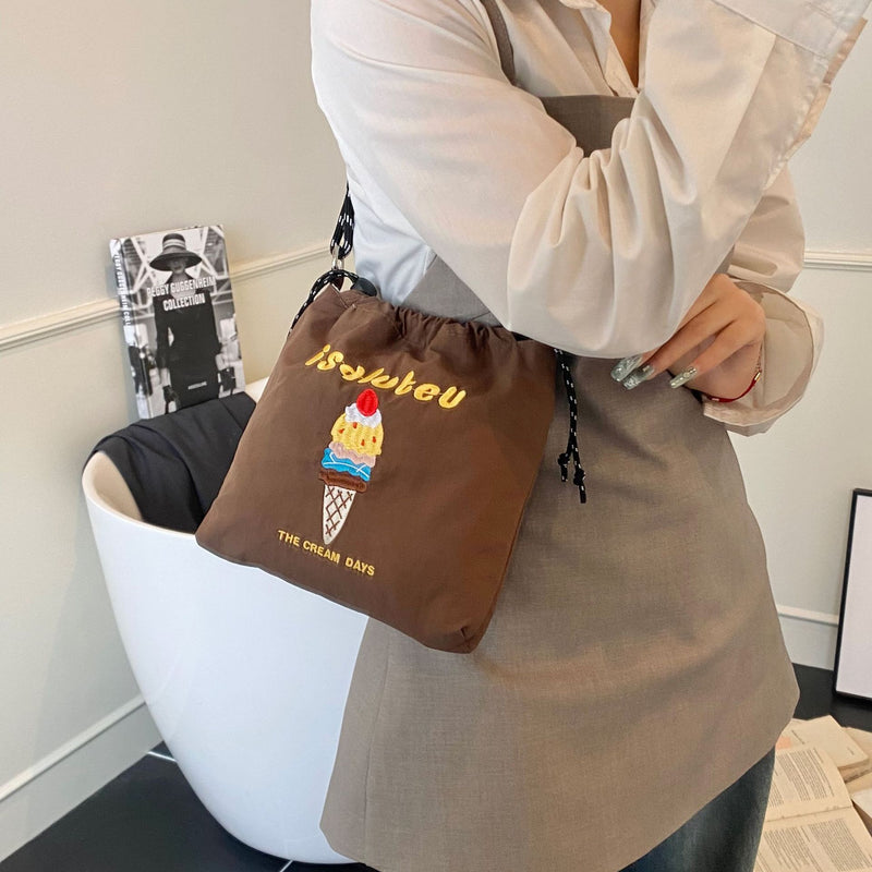 Embroidery Ball Chain Drawstring Shoulder Bag