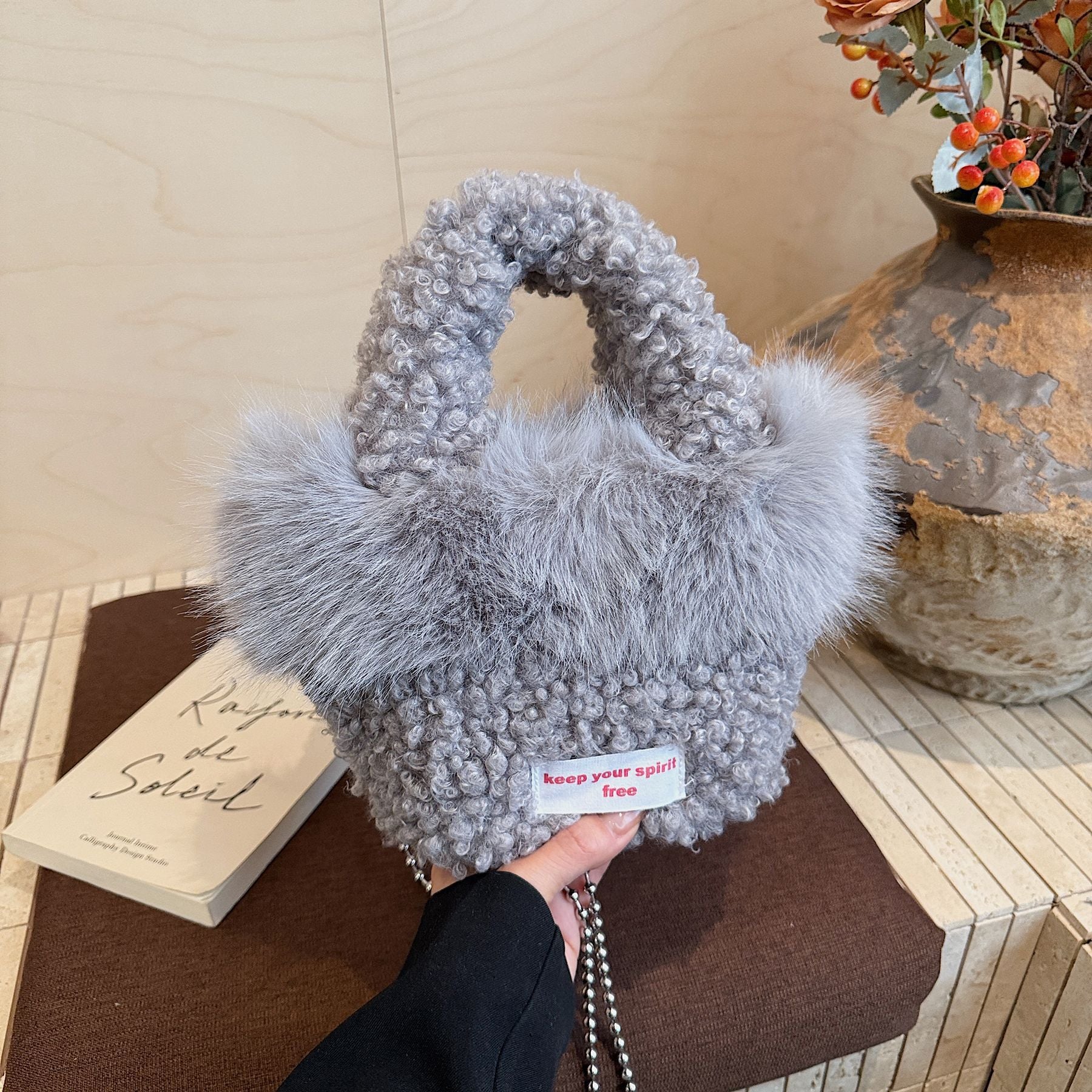 Trendy Plush Splicing Bucket Bag Messenger Shoulder Bag