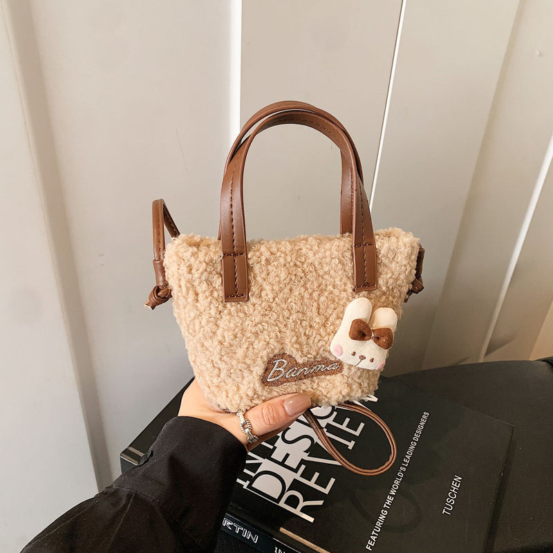Cute Cartoon Plush Shoulder Bag Fashionable Splicing Handbag