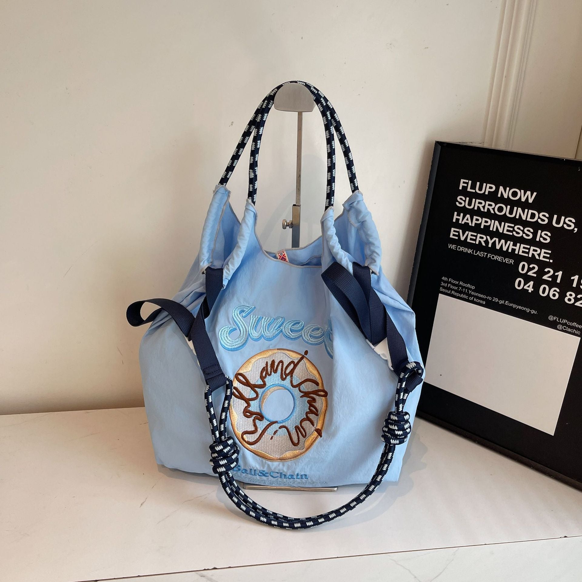 Embroidered Donut Ball Chain Nylon Bag Lightweight Eco-Friendly Shopping Bag