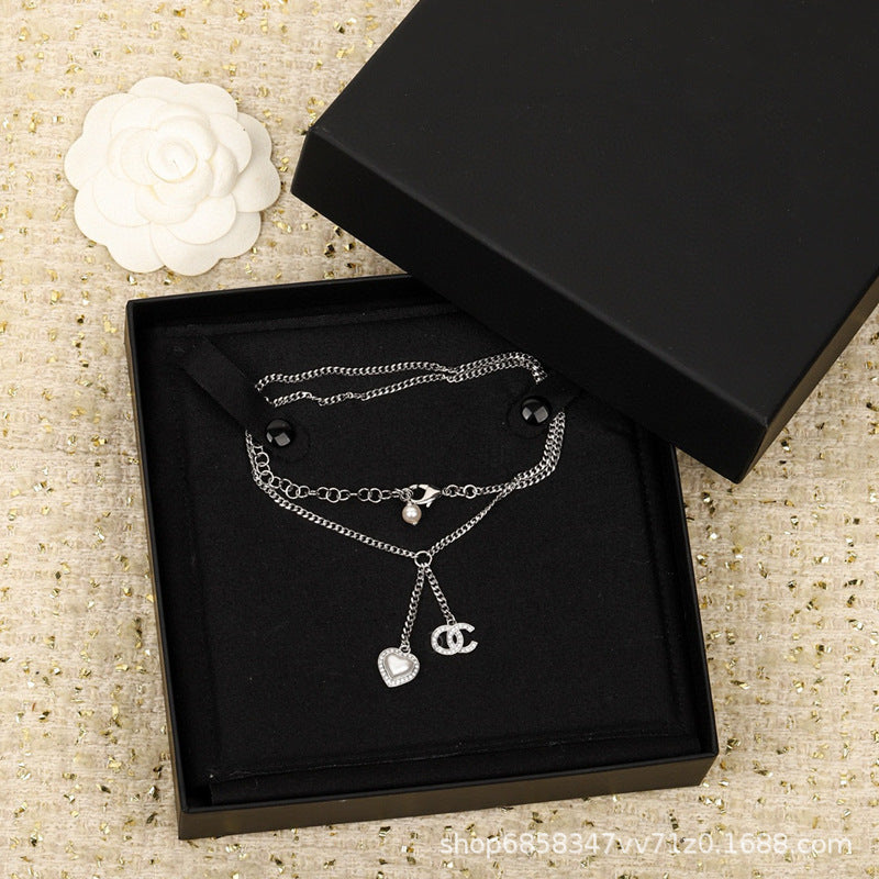 Women's Crystal Pearl Necklace - Heart Pendant, Diamond, Blue & Pink