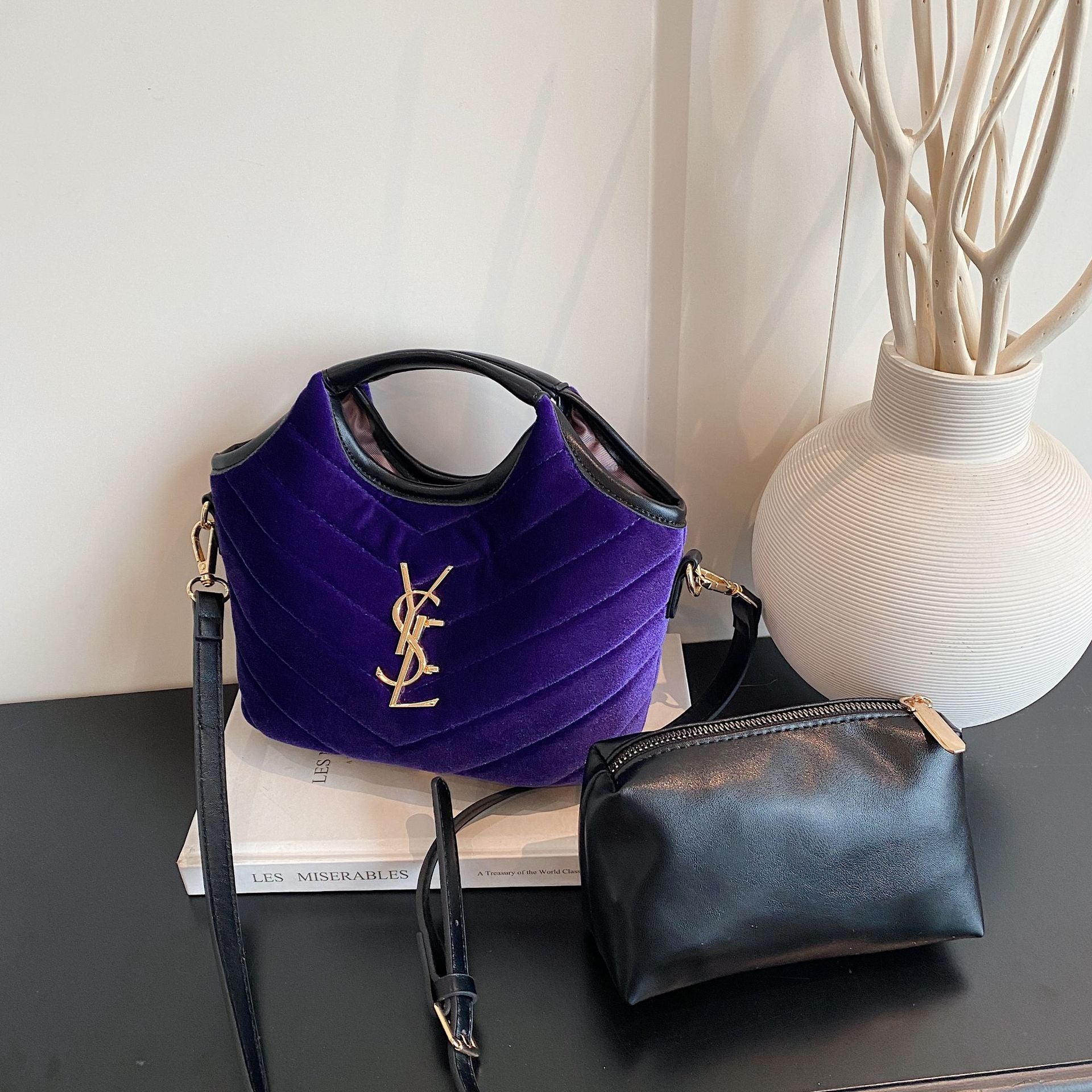Suede Bucket Bag Rhombus Embroidery Shoulder Messenger Bag