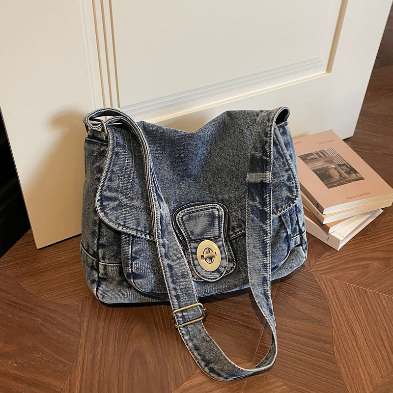 Retro Denim Shoulder Bag Large Capacity Commuter Messenger Bag