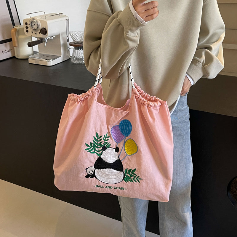 Panda Embroidery Eco Nylon Shoulder Bag