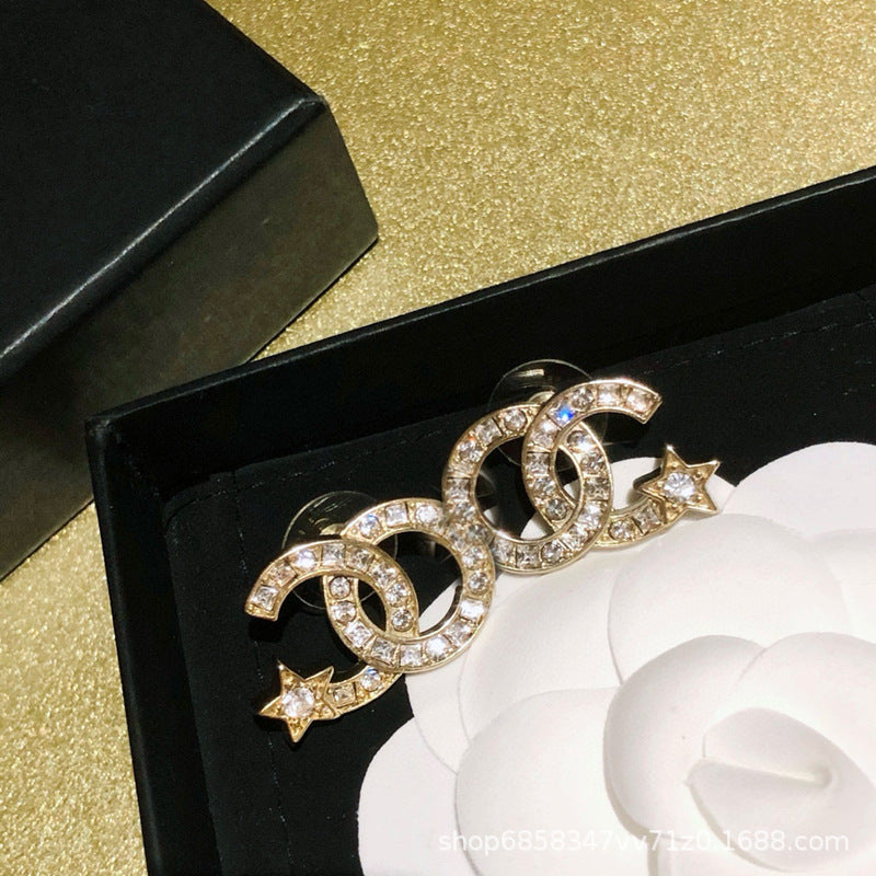 Star Double C Diamond Stud Earrings - Celebrity Style Antique Design