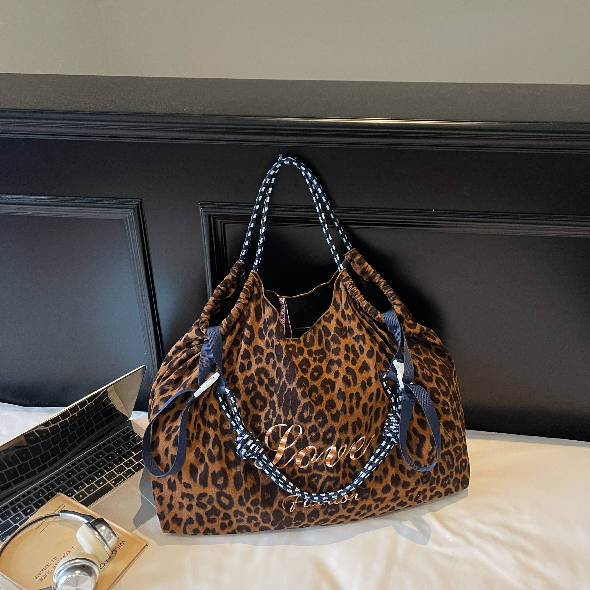 Retro Leopard Print Shoulder Bag Ball Chain Tote Women's Fashion Handbag