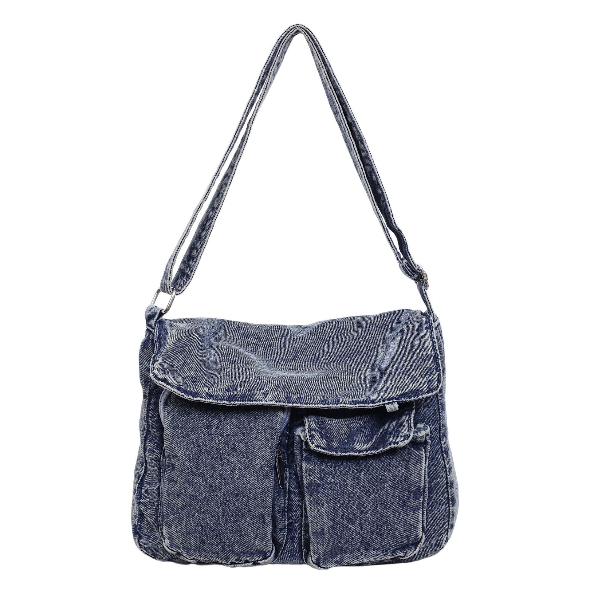 Retro Denim Messenger Bag Street Trend Casual Large Capacity Commuter Shoulder Bag
