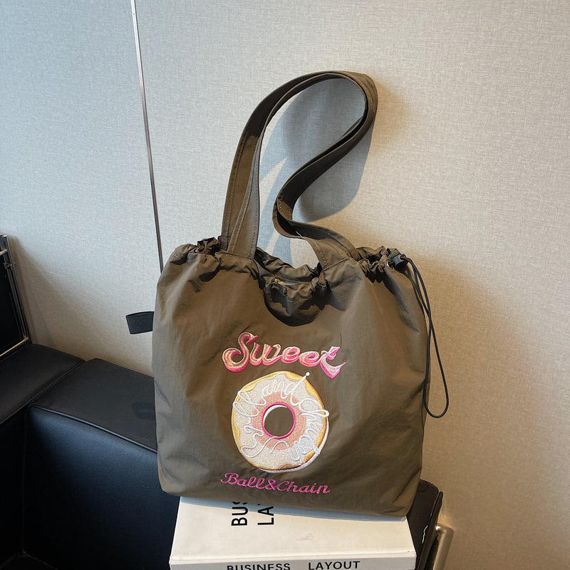 Donut Embroidery Tote Bag with Ball Chain for Women