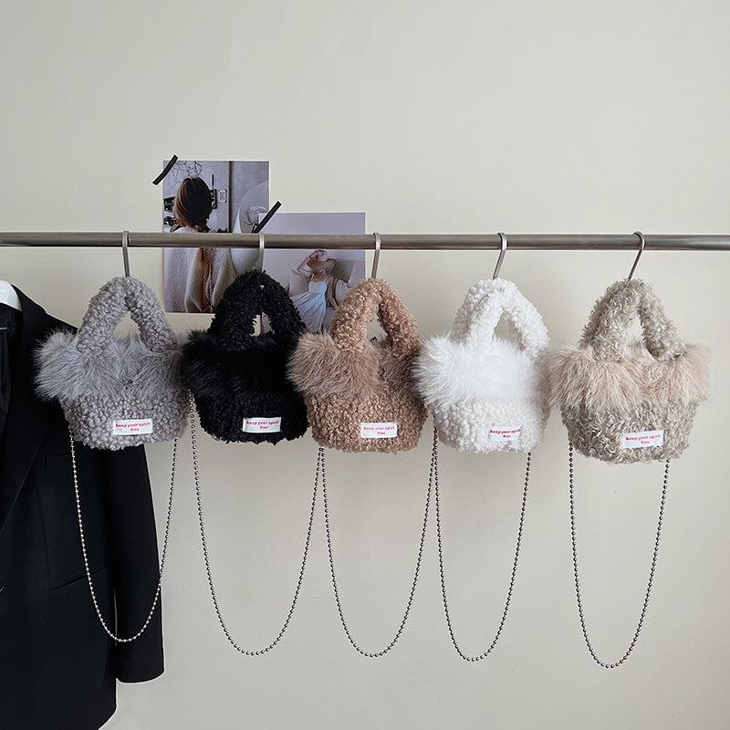 Trendy Plush Splicing Bucket Bag Messenger Shoulder Bag