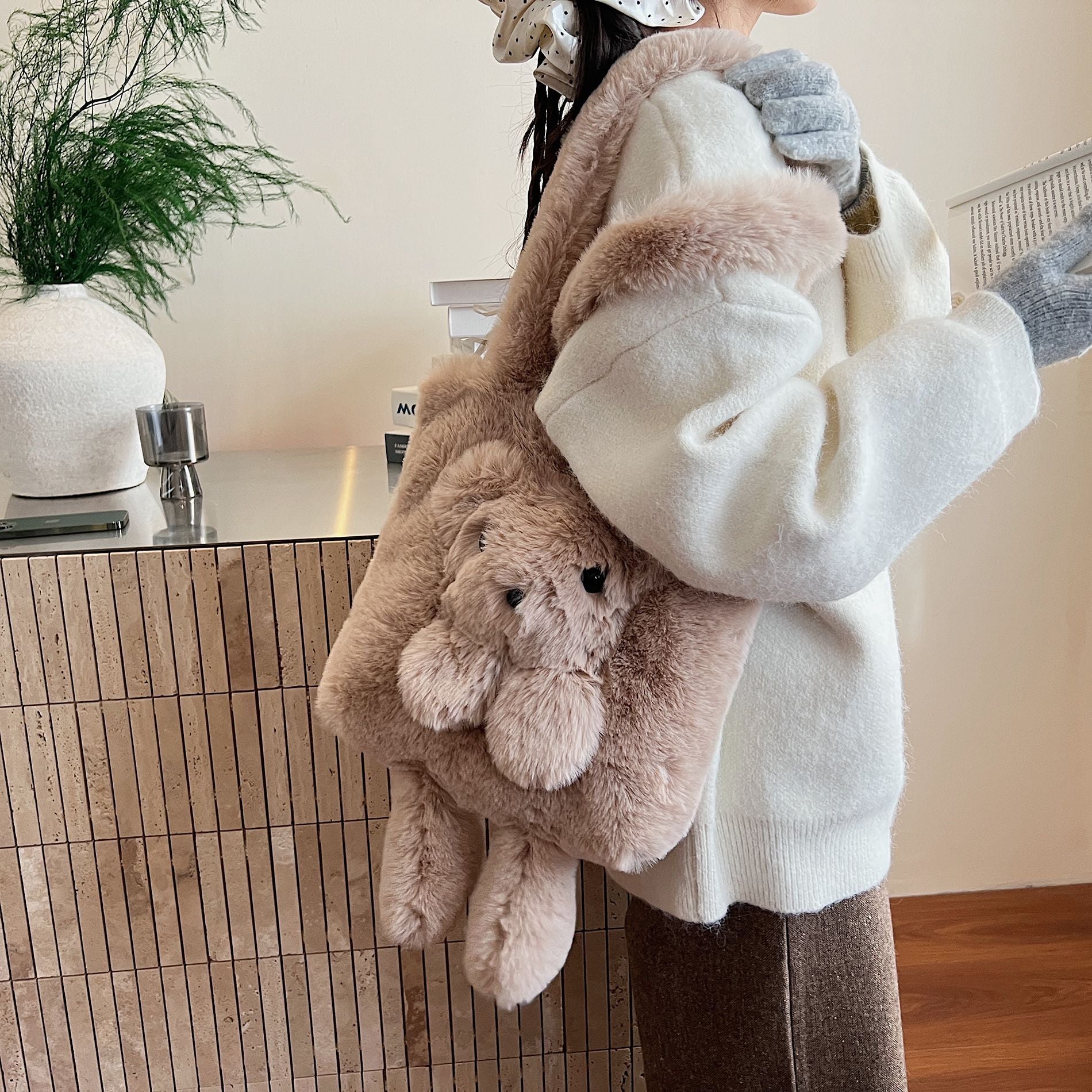 Cute Bear Plush Shoulder Bag for Women Autumn Winter Commuter Tote