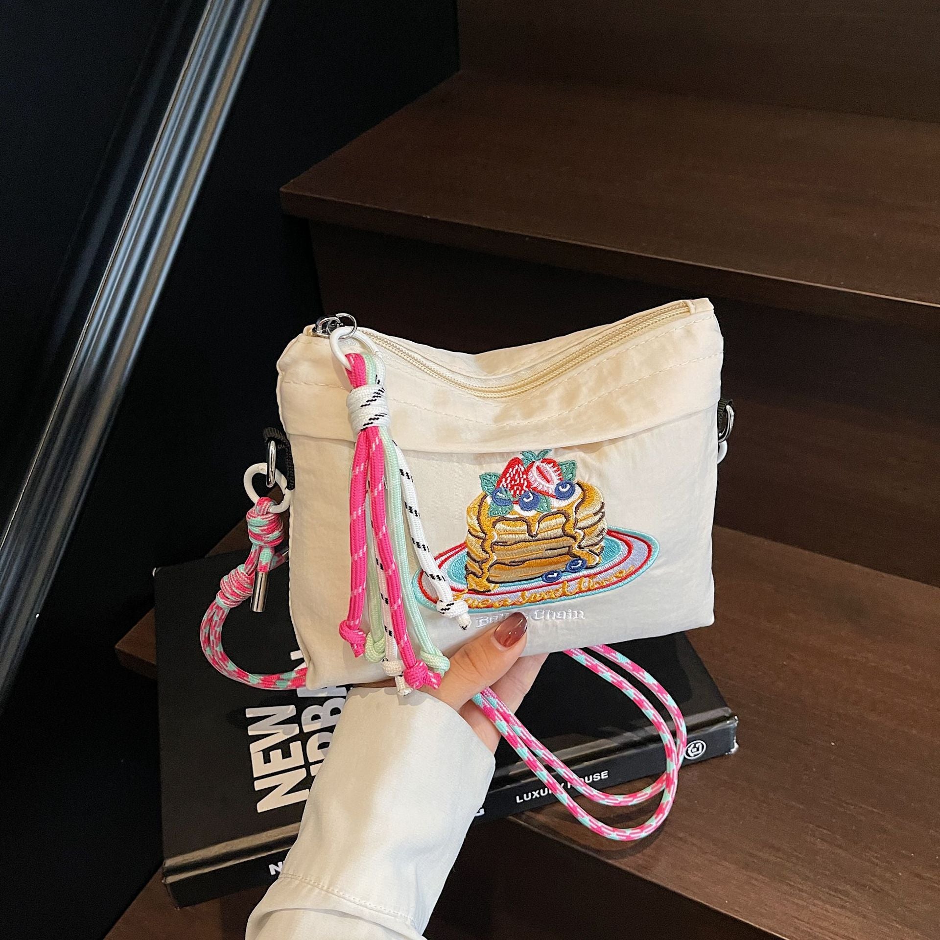 Ese Embroidered Cake Messenger Bag Ball Chain Waterproof Nylon Sweet Cute Shoulder Bag