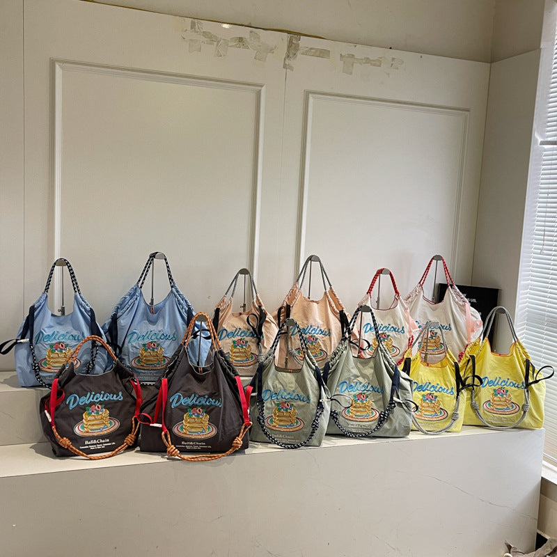 Nylon Embroidered Shoulder Tote Bag for Women