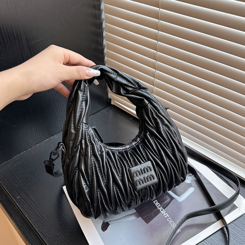 Pleated Crescent Dumpling Embroidered Bowling Shoulder Bag