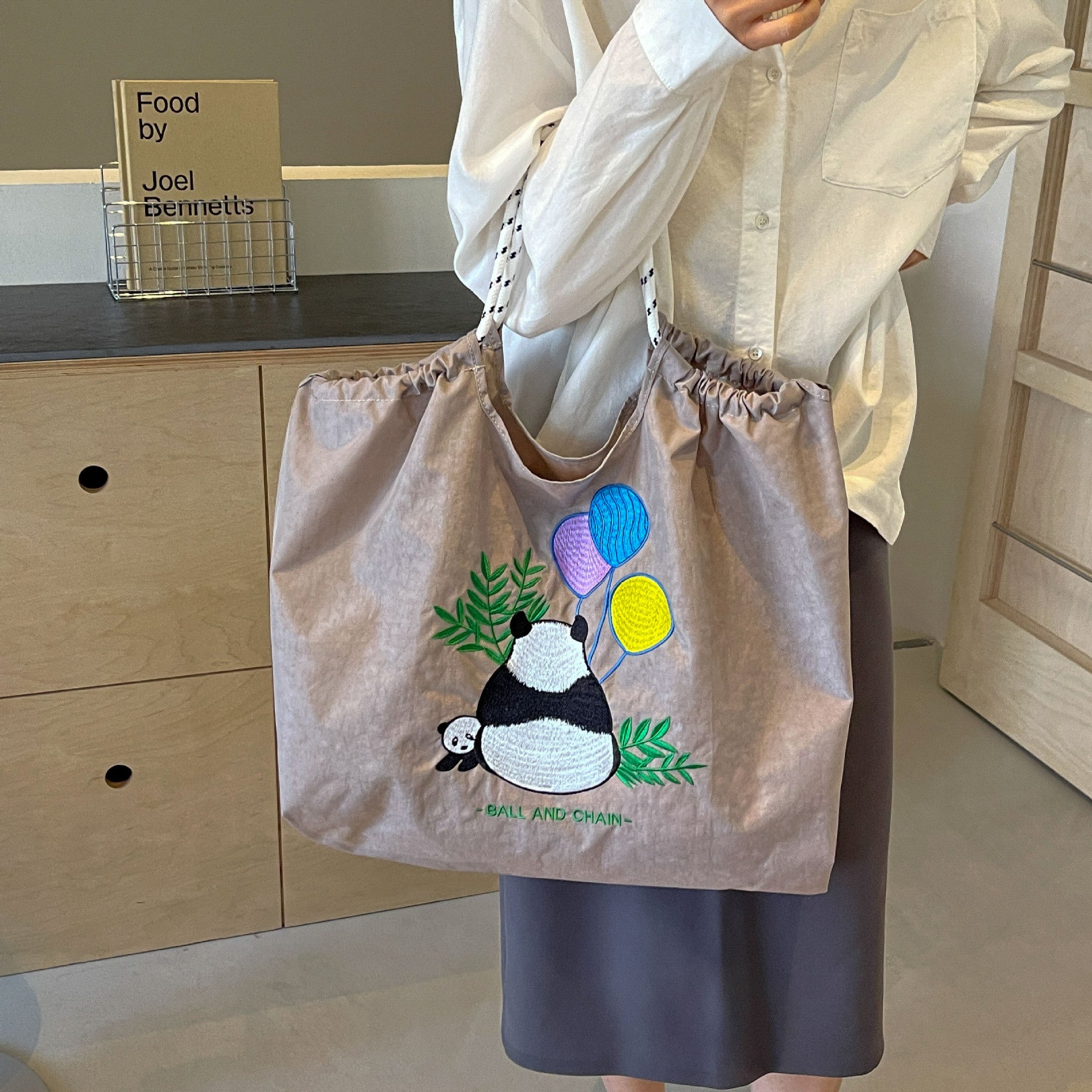 Panda Embroidery Eco Nylon Shoulder Bag
