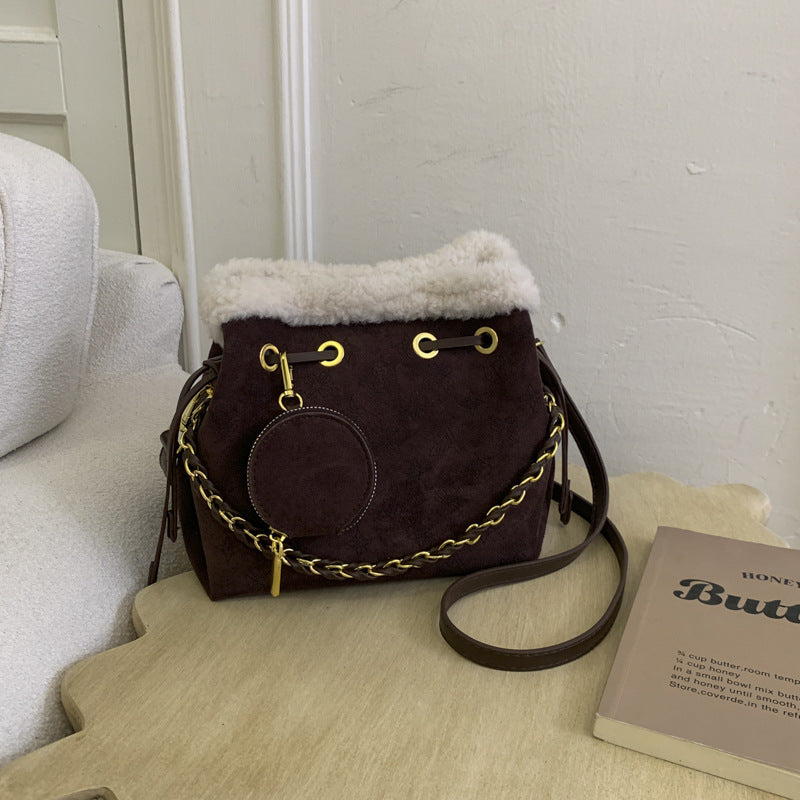 Retro Suede Splicing Bucket Bag Chain Shoulder Messenger Handbag