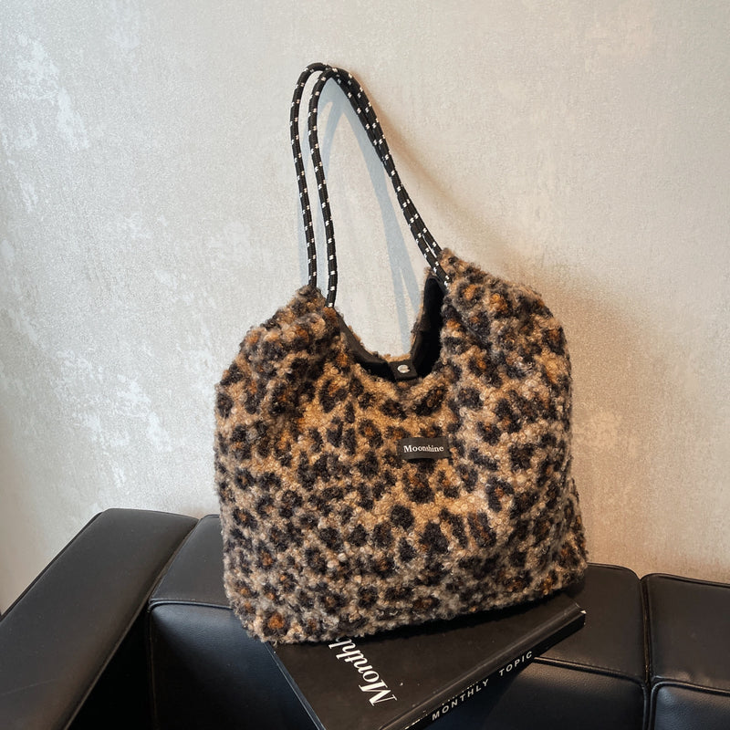 Leopard Print Lamb Wool Drawstring Shoulder Bag Retro Tote