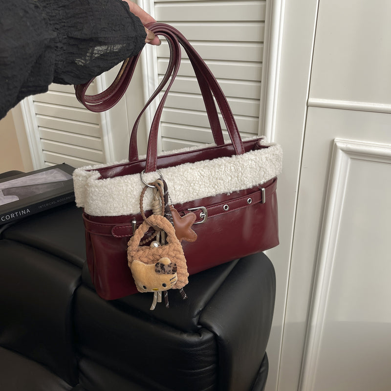 Retro Plush Splicing Shoulder Bag with Belt Buckle