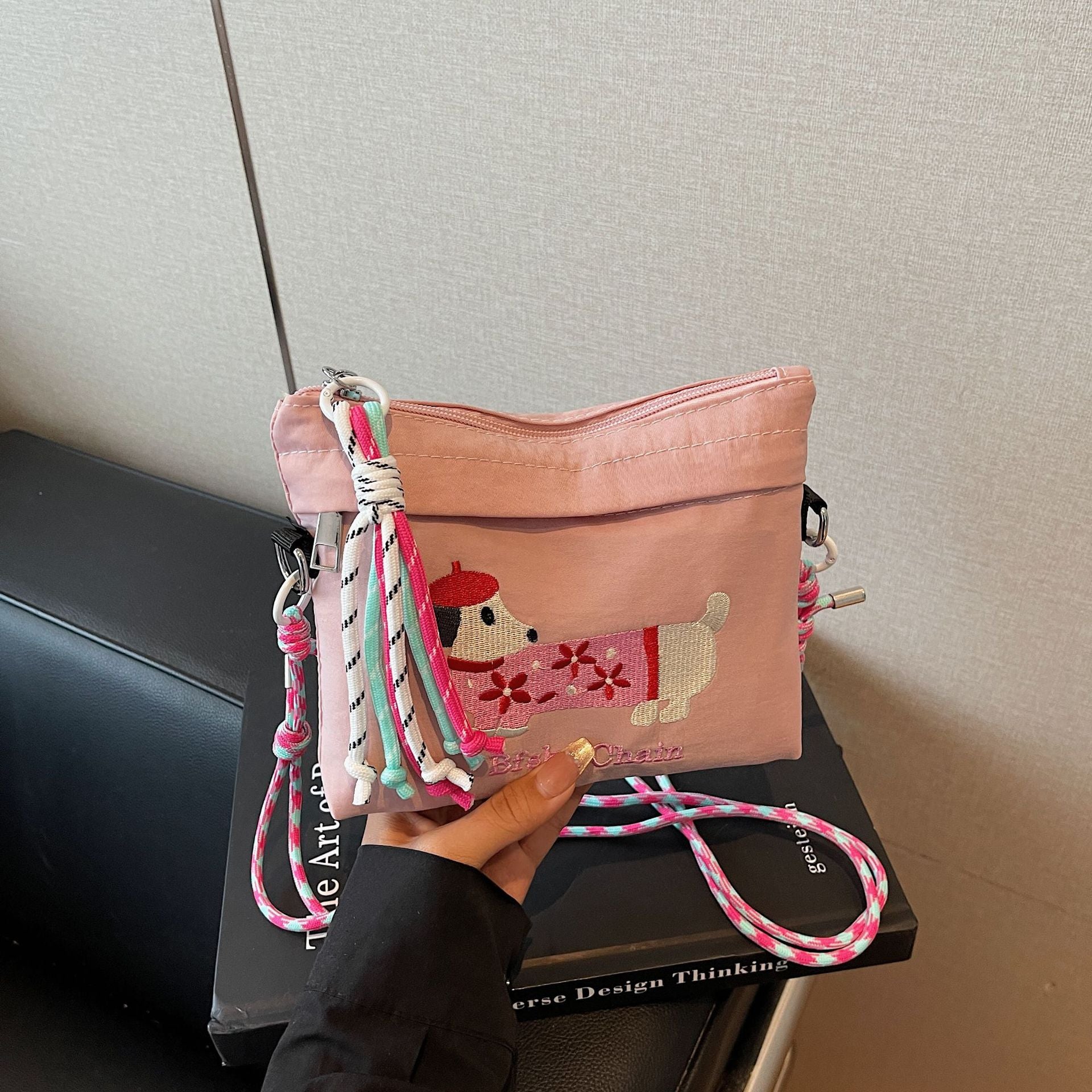 Cartoon Dachshund Embroidered Dog Bag Eco-Friendly Commuter Messenger Bag