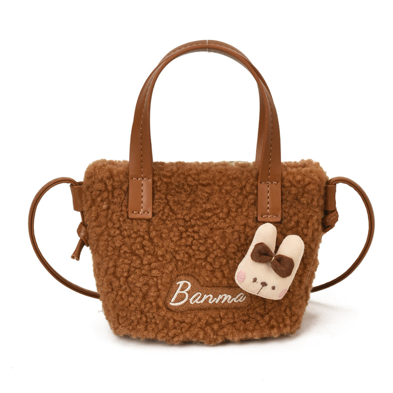 Cute Cartoon Plush Shoulder Bag Fashionable Splicing Handbag