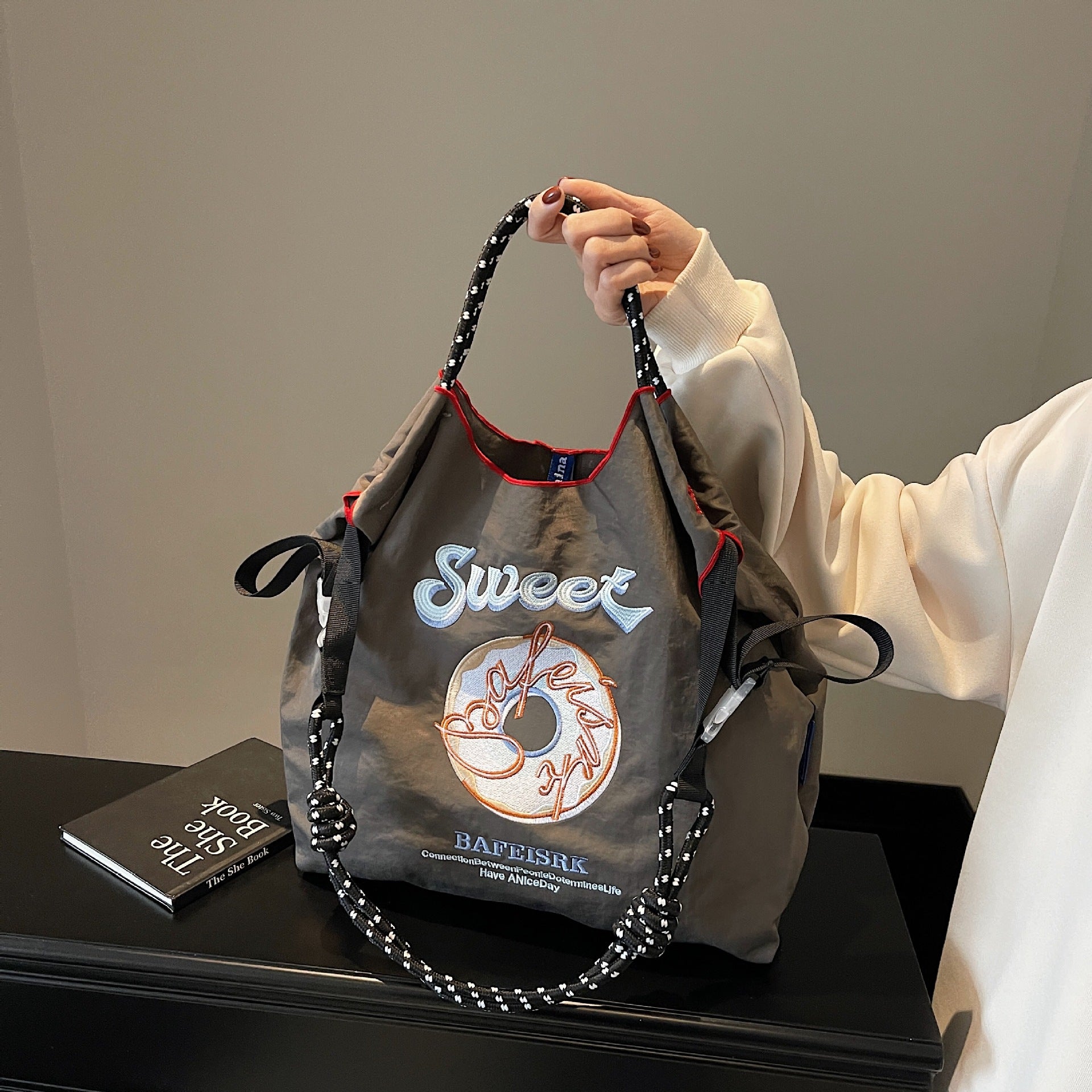 Ese Ball Chain Donut Embroidery Eco Shopping Bag Tote