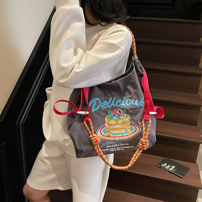Nylon Embroidered Shoulder Tote Bag for Women