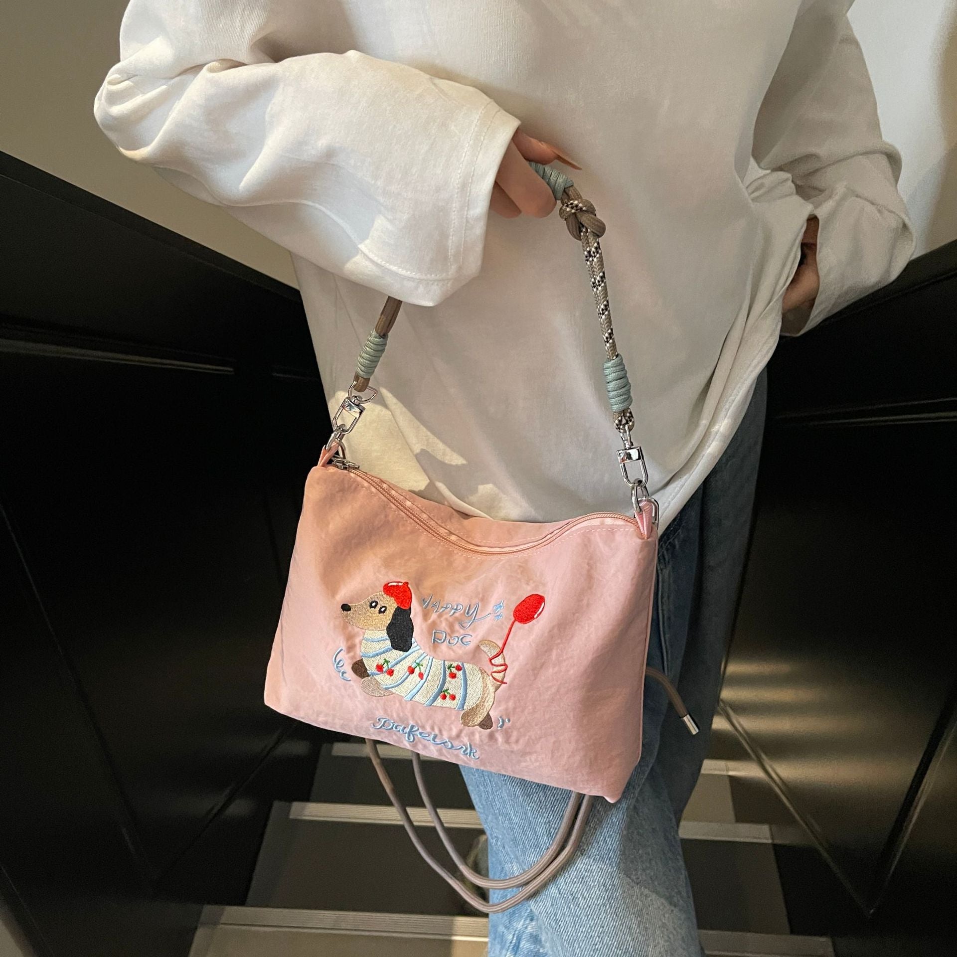 Cute Dachshund Embroidery Shoulder Bag with Ball Chain