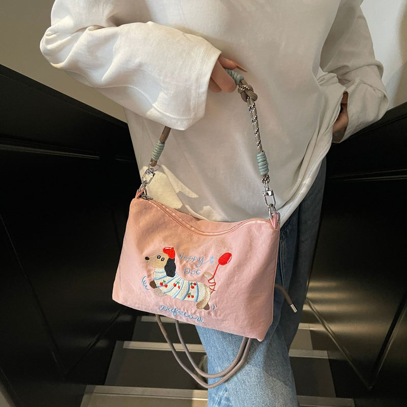 Cute Dachshund Embroidery Shoulder Bag with Ball Chain